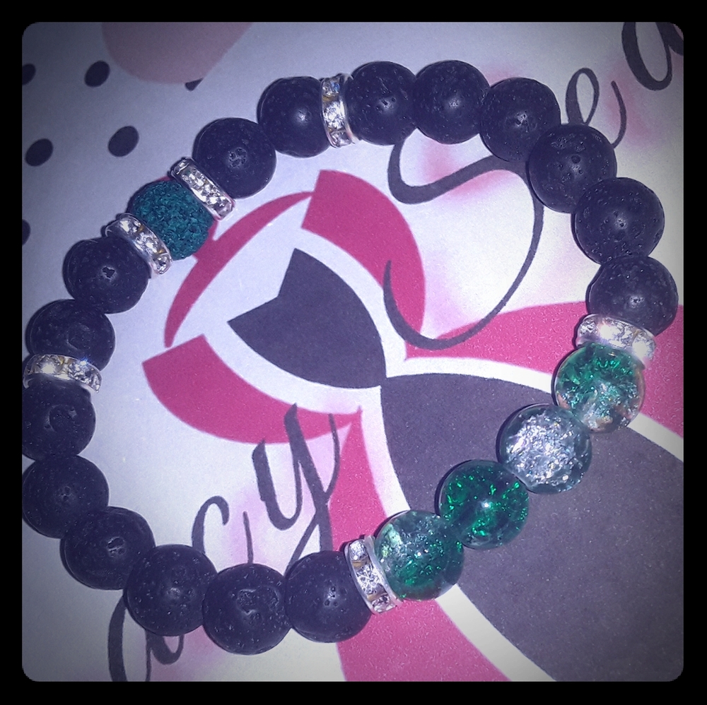 Unisex Green Cracked Crystal & Lava Bead Bracelet
